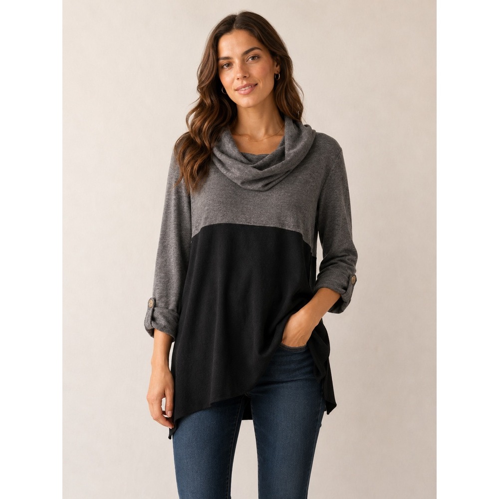 JM Collection Gray Black Colorblock Cowl Neck Tunic Sweater Womens Large